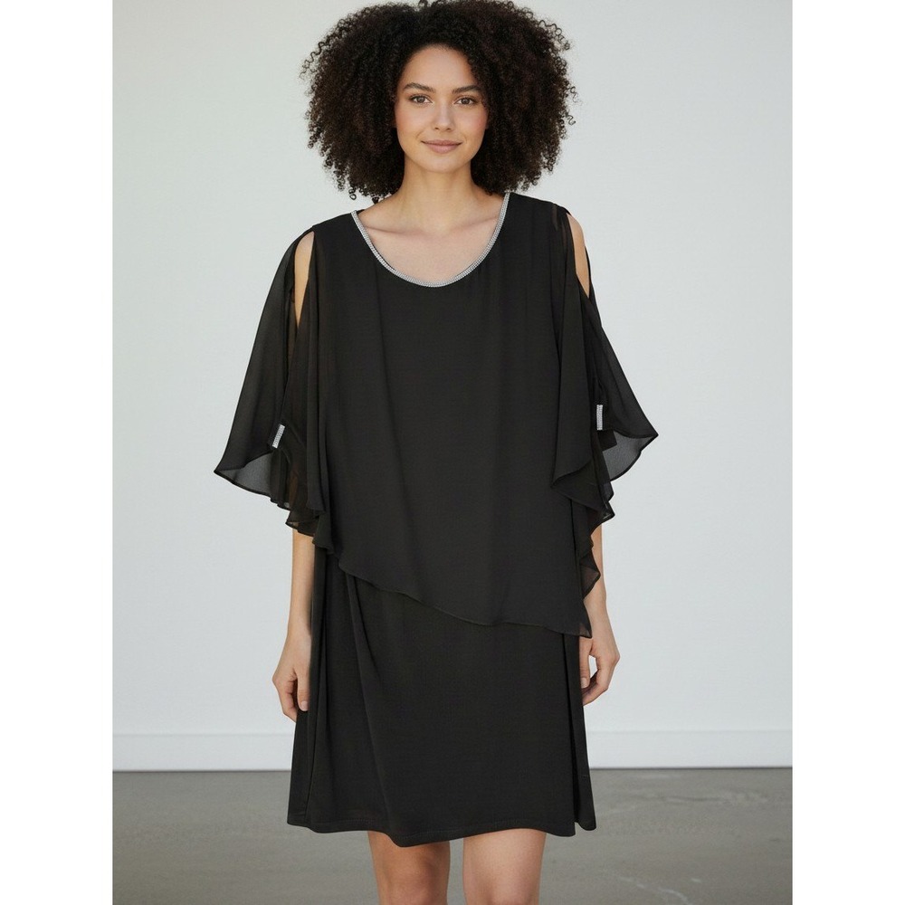 MSK Women's XL Black Rhinestone Trim Cape Overlay Cocktail Dress NWOT